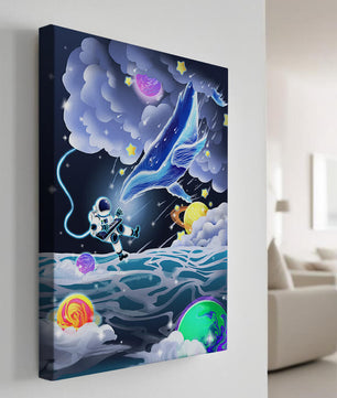 Astronaut Exploring a Surreal Cosmic Ocean with a Glowing Whale