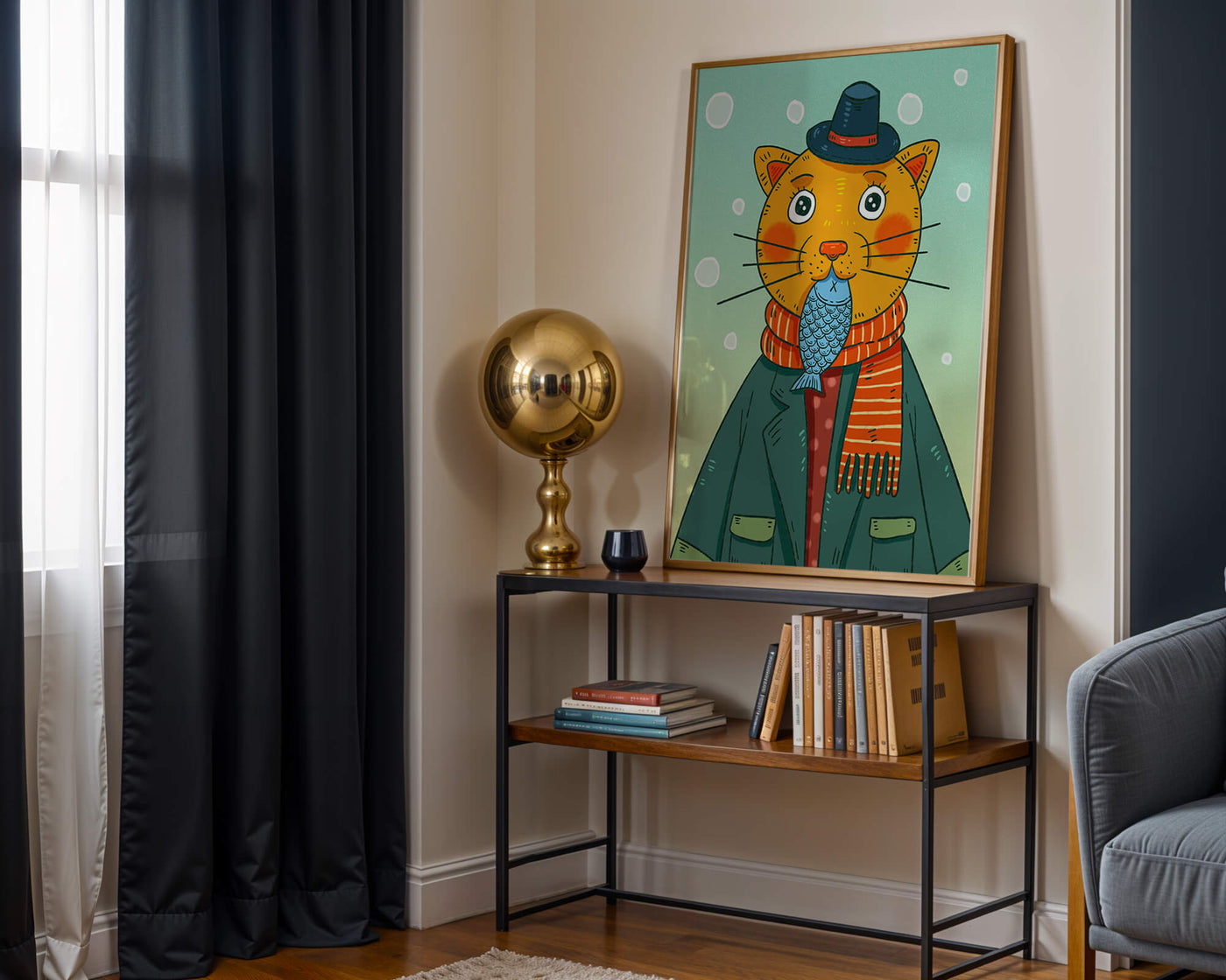 Whimsical cat dressed in colorful winter attire