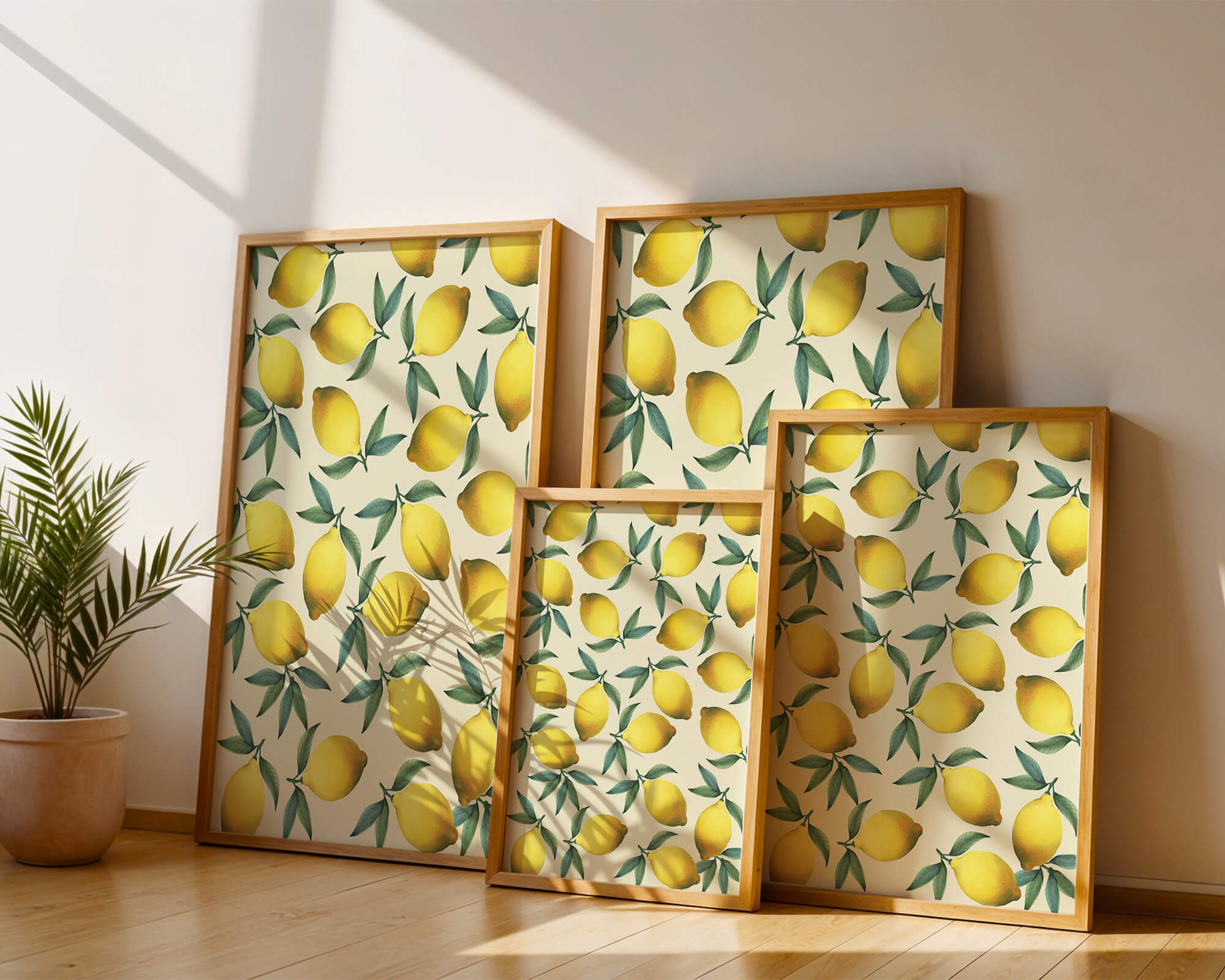 Vibrant lemon pattern with green leaves on a light background
