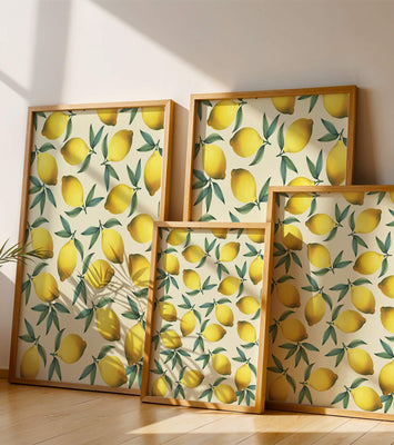 Vibrant lemon pattern with green leaves on a light background