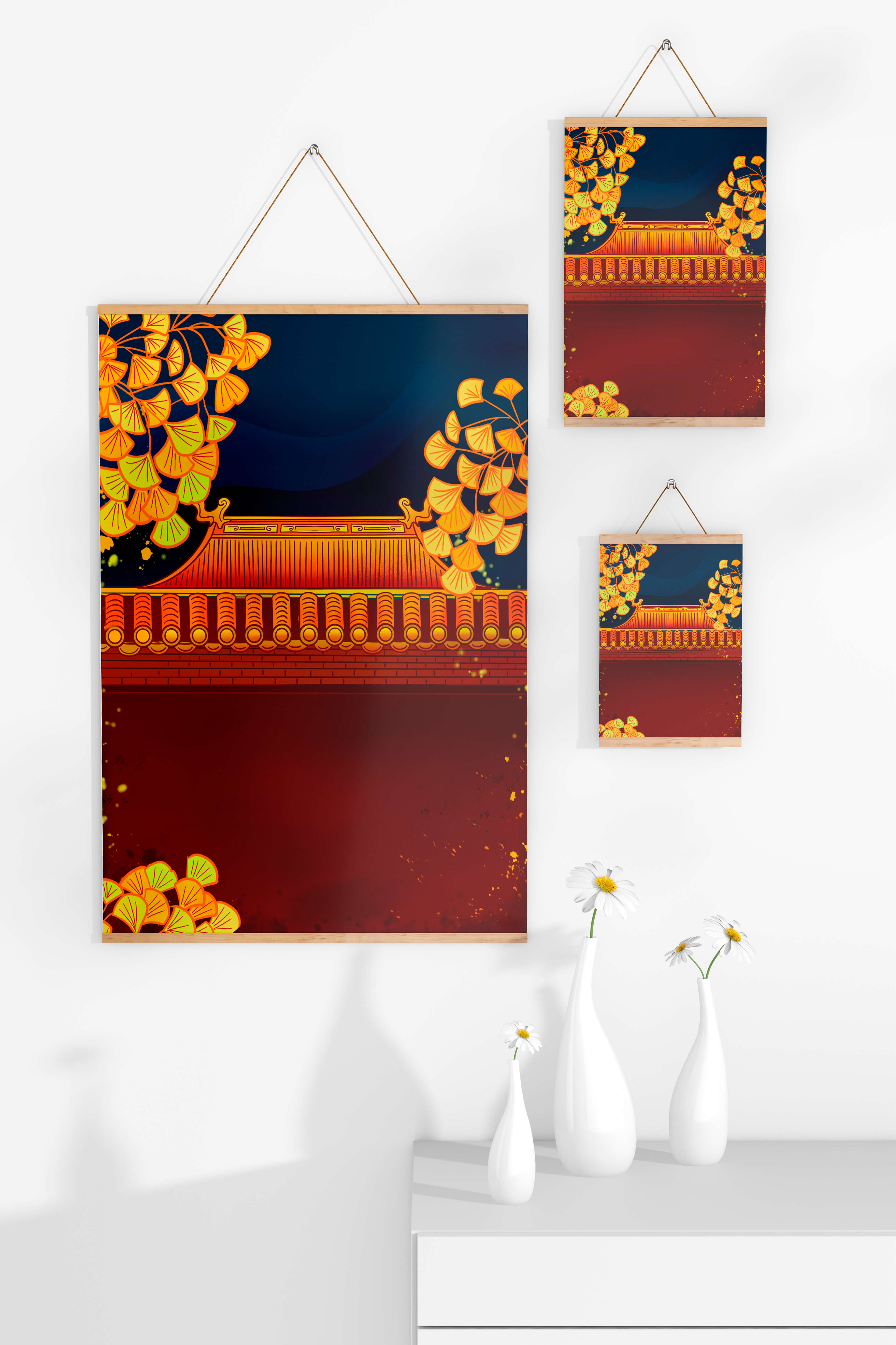 Traditional Asian rooftop with golden foliage on a dark evening sky background