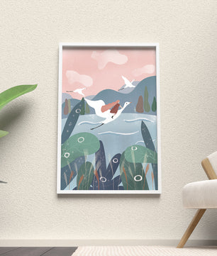 Whimsical landscape with flying birds and pink sky