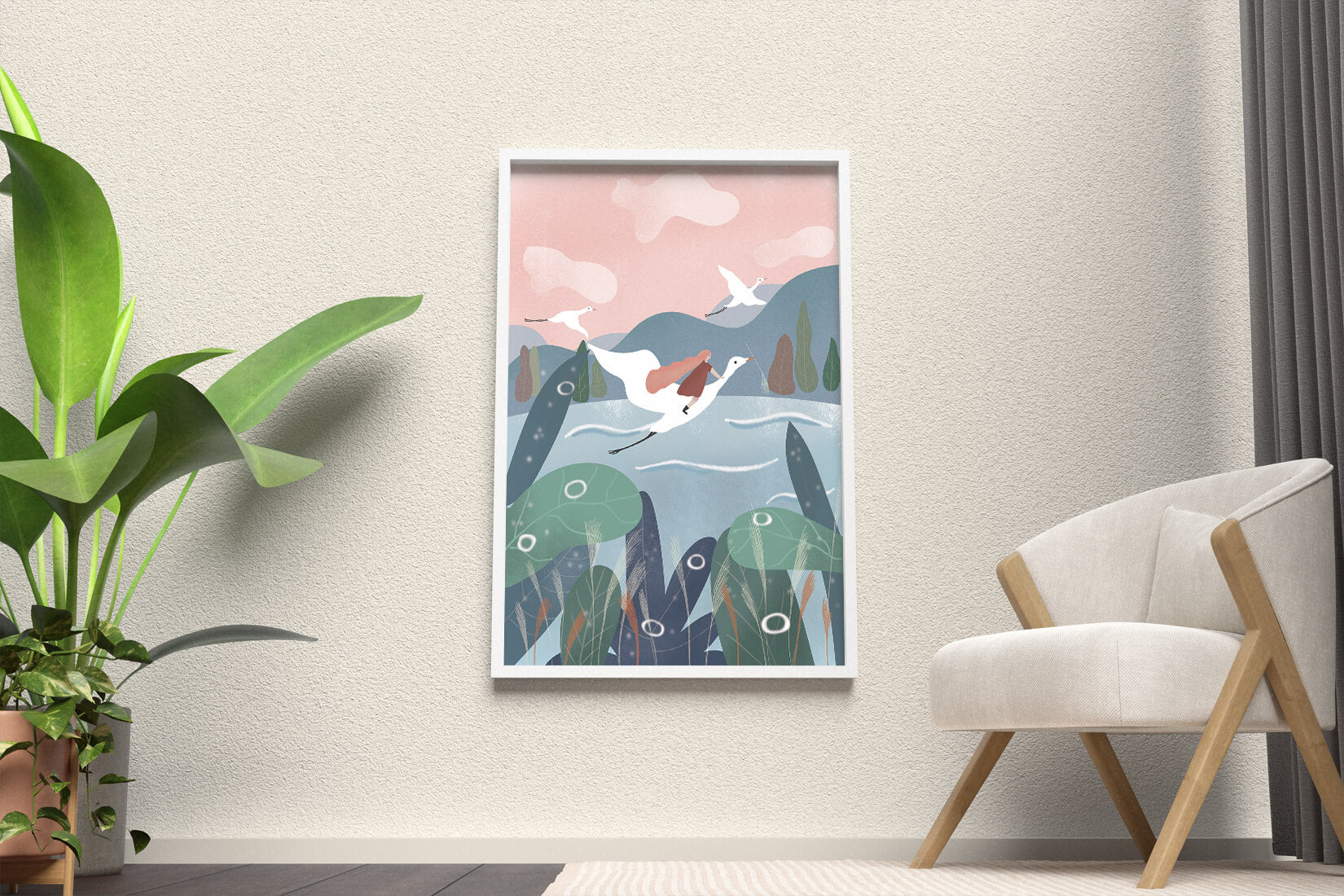 Whimsical landscape with flying birds and pink sky