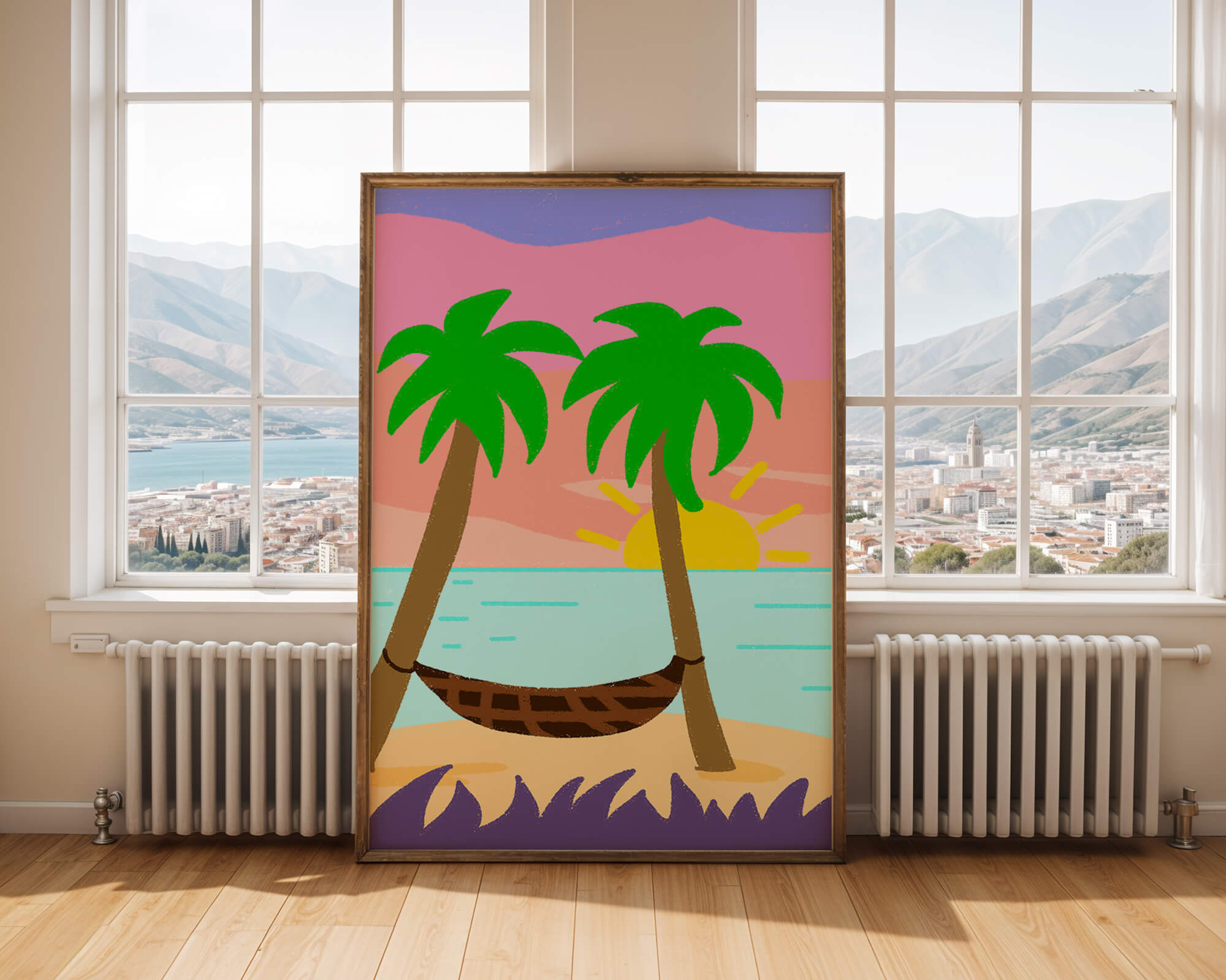 Tranquil beach scene with hammock and sunset