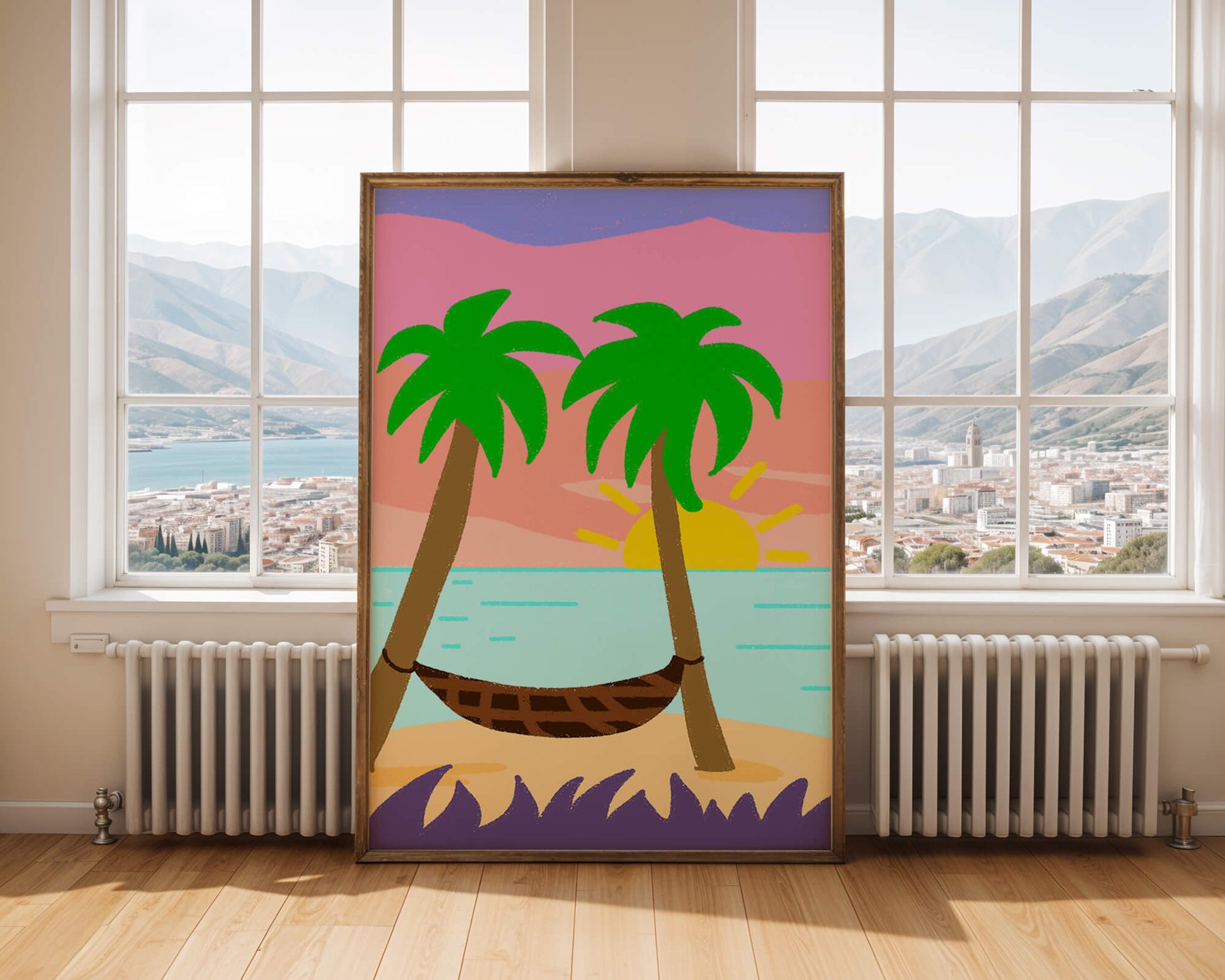 Tranquil beach scene with hammock and sunset