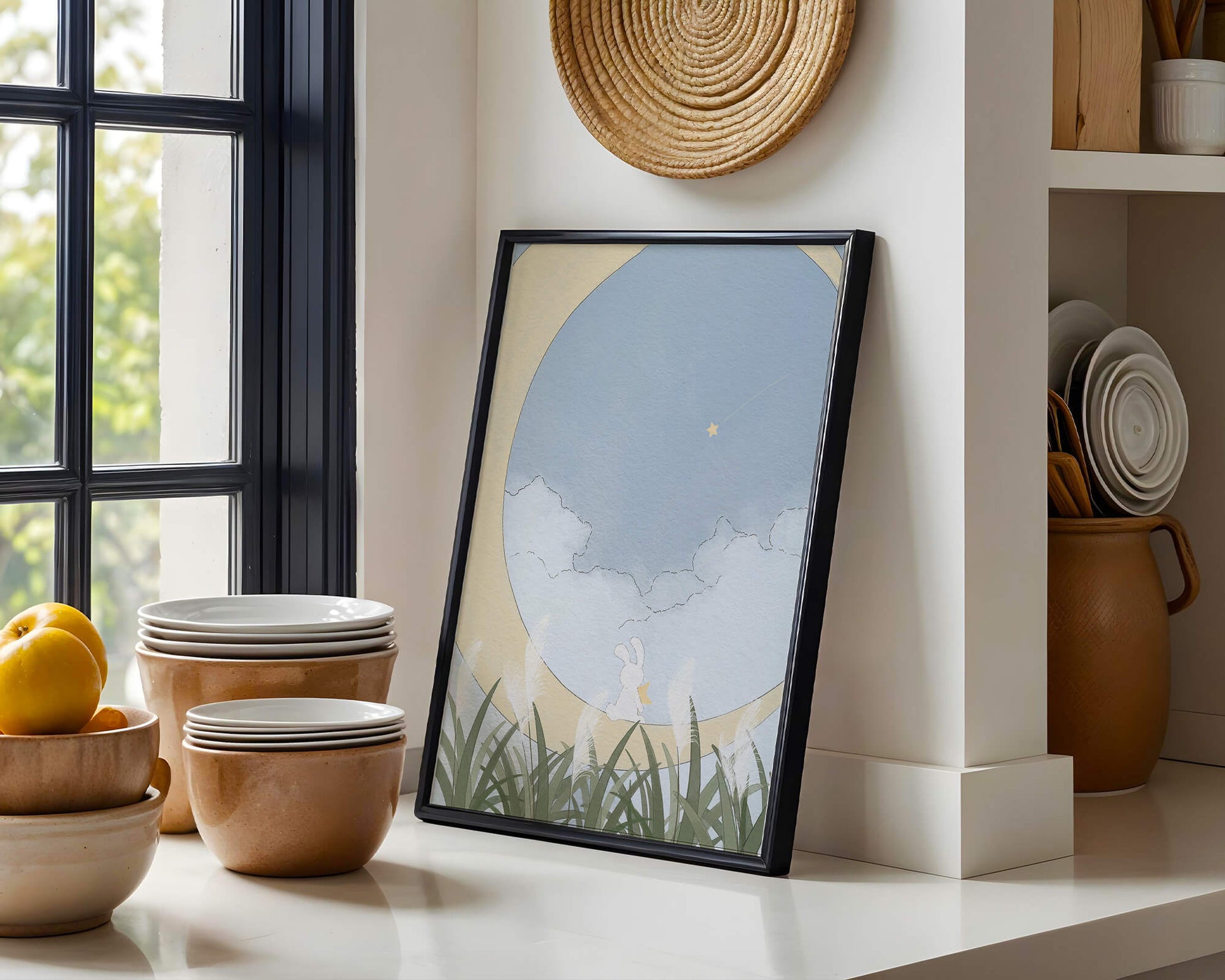 Dreamy Rabbit Sitting on Crescent Moon with Star and Clouds in Sky