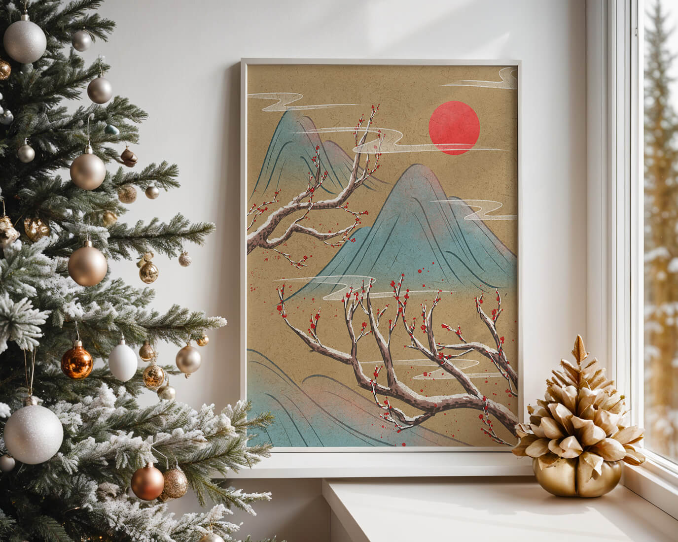 Tranquil landscape with cherry blossom and red sun