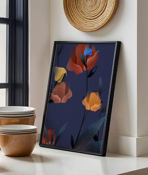 Abstract Floral Illustration with Colorful Flowers on Dark Background