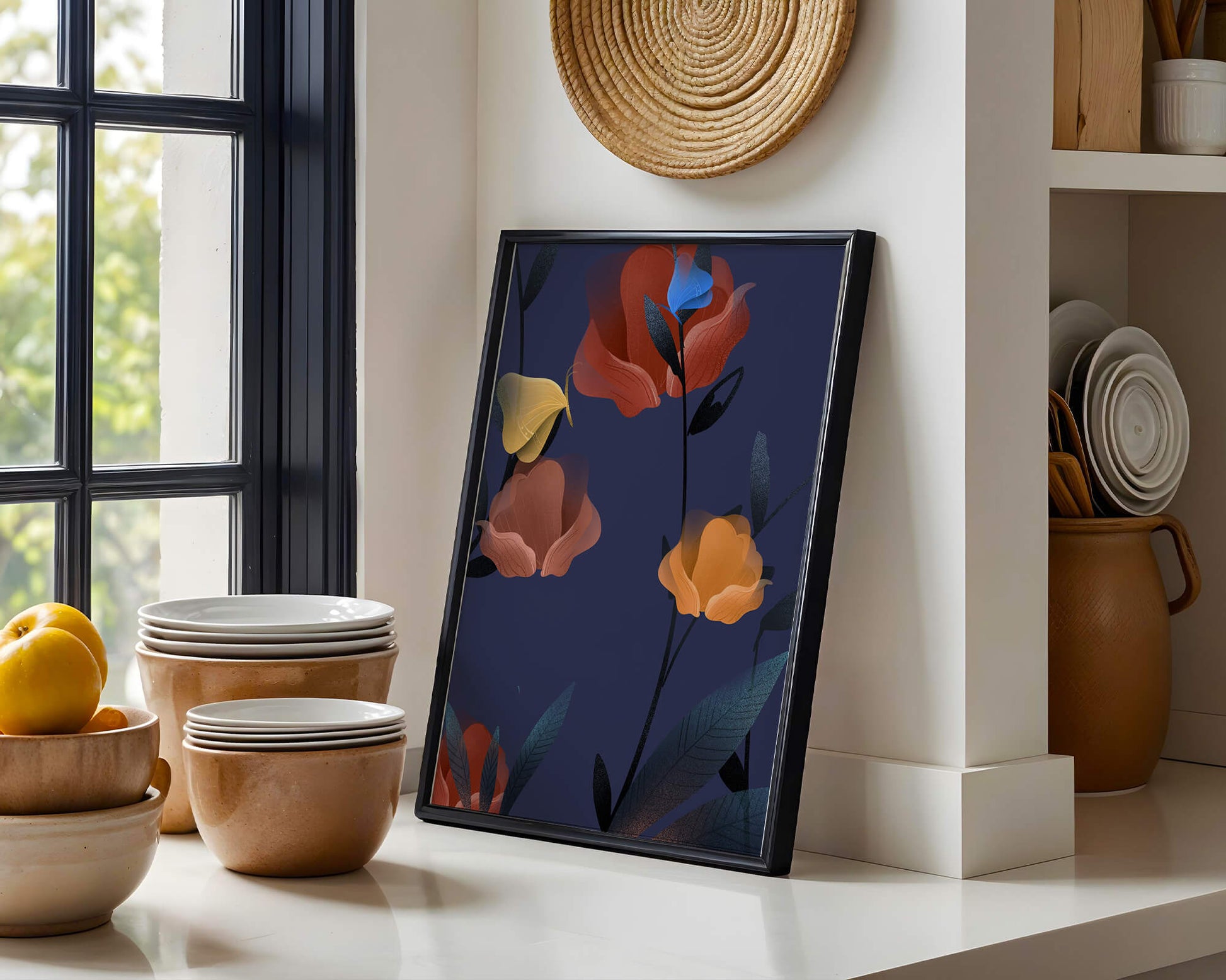 Abstract Floral Illustration with Colorful Flowers on Dark Background