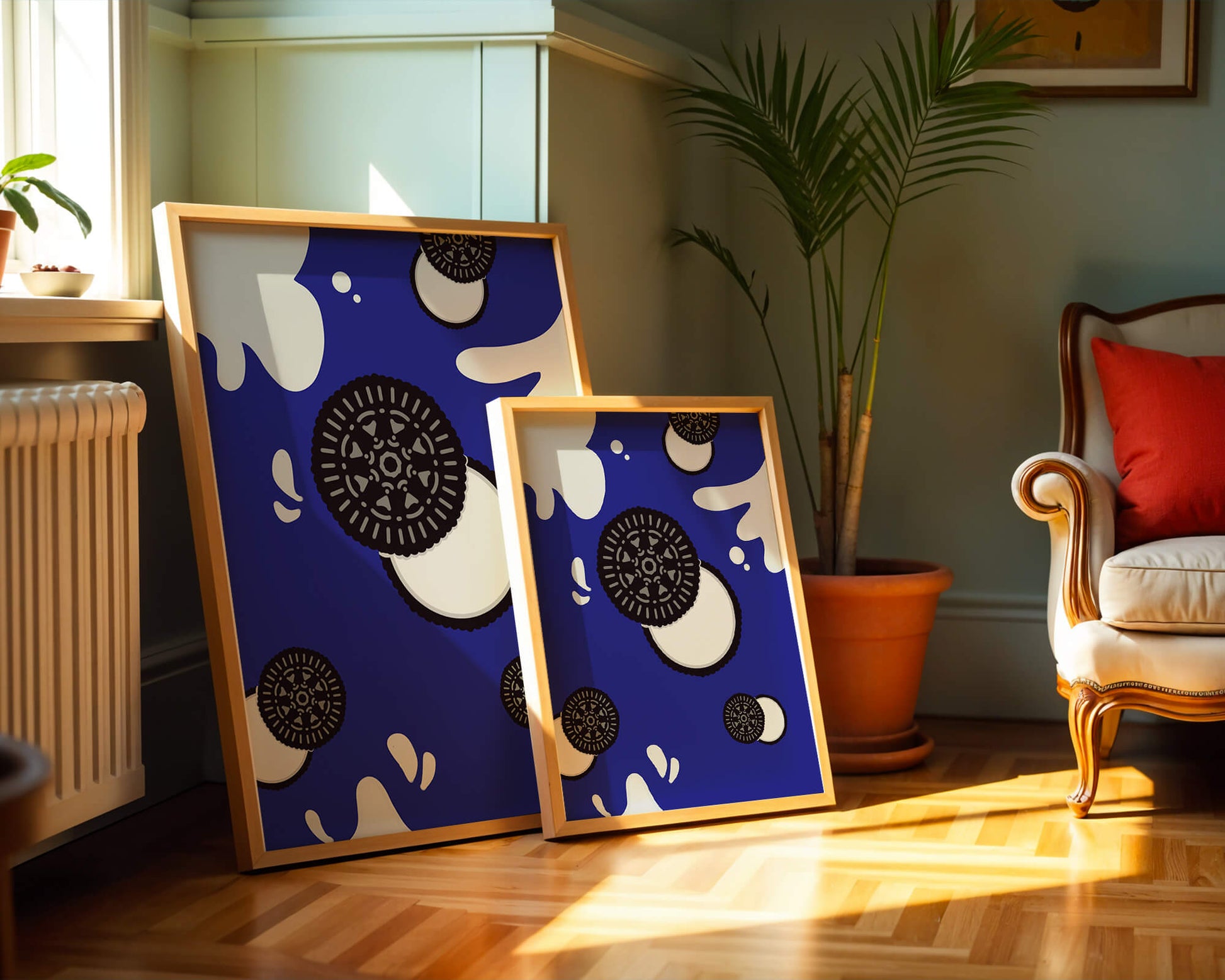 Graphic design featuring cookies and milk splashes on blue background
