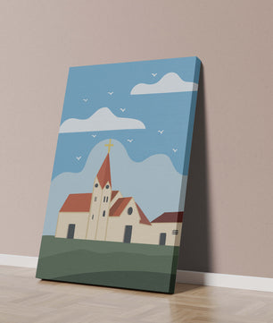 Idyllic Church Landscape with Golden Cross and Blue Sky