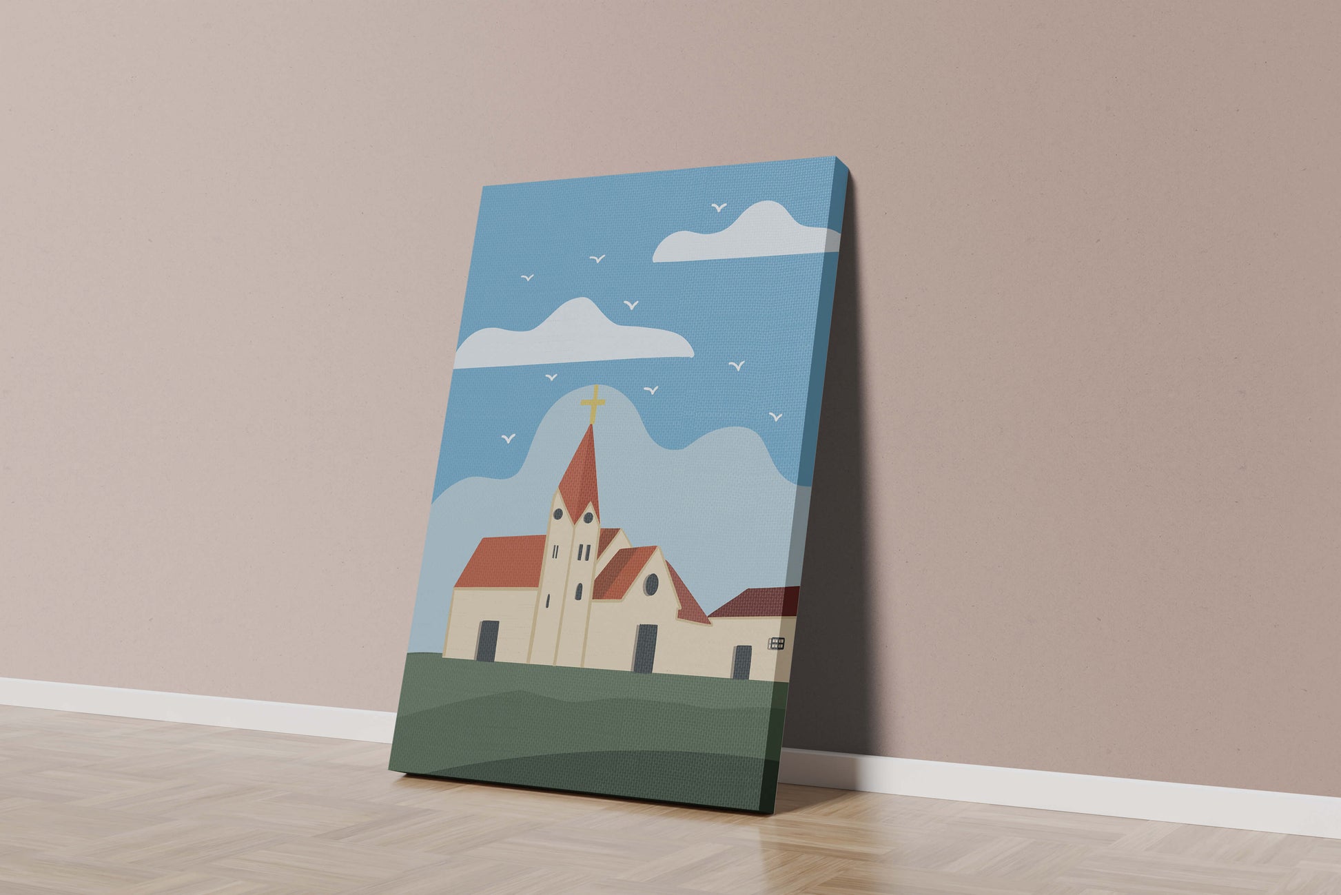 Paisaje idílico de iglesia con cruz dorada y cielo azul