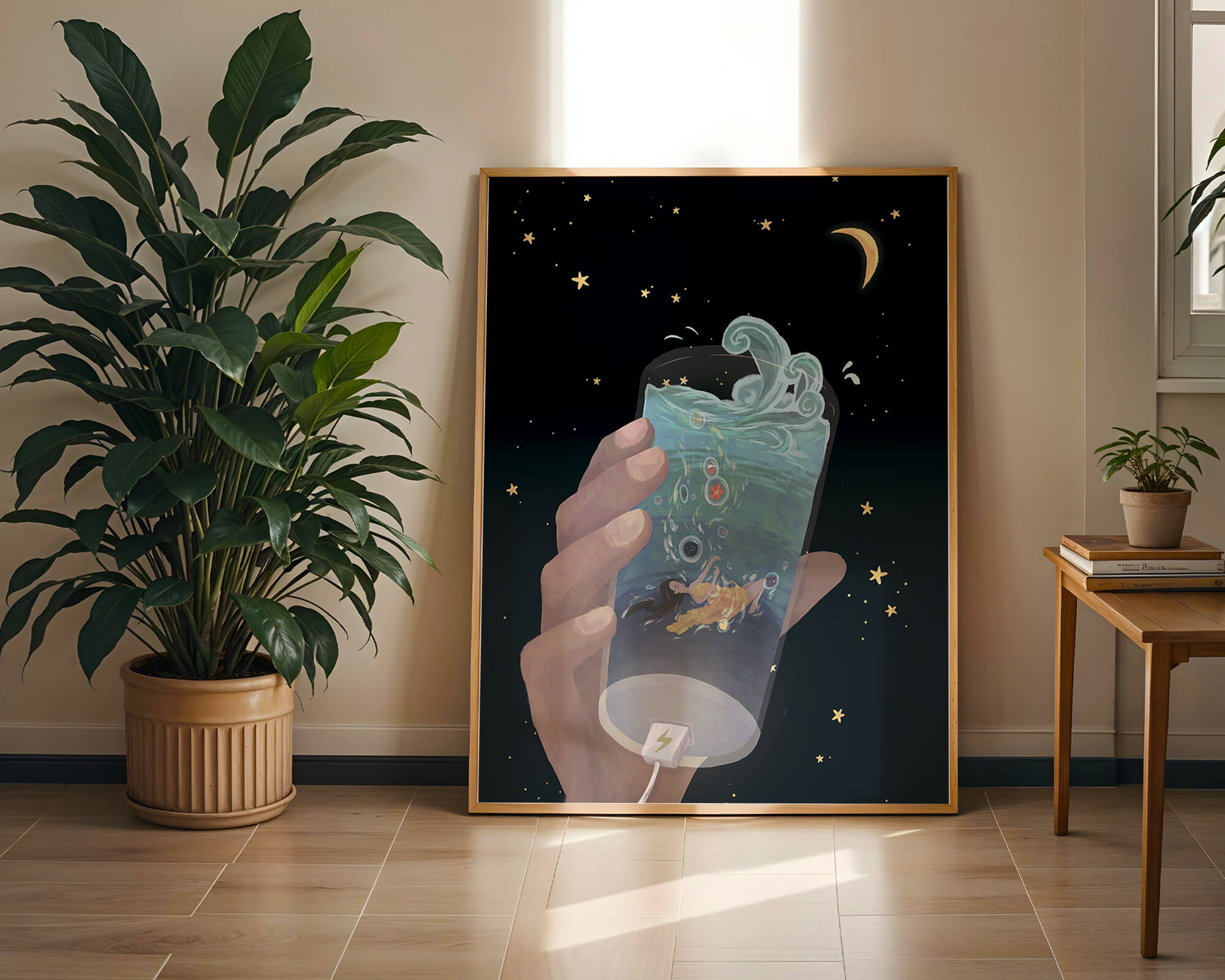 Abstract night sky scene with hand holding a glass of swirling water