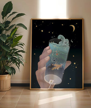 Escena abstracta del cielo nocturno con una mano sosteniendo un vaso de agua agitada.