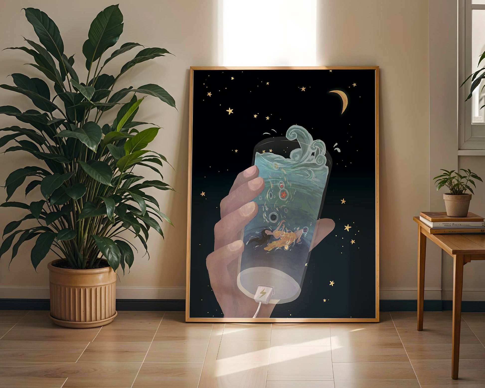 Abstract night sky scene with hand holding a glass of swirling water