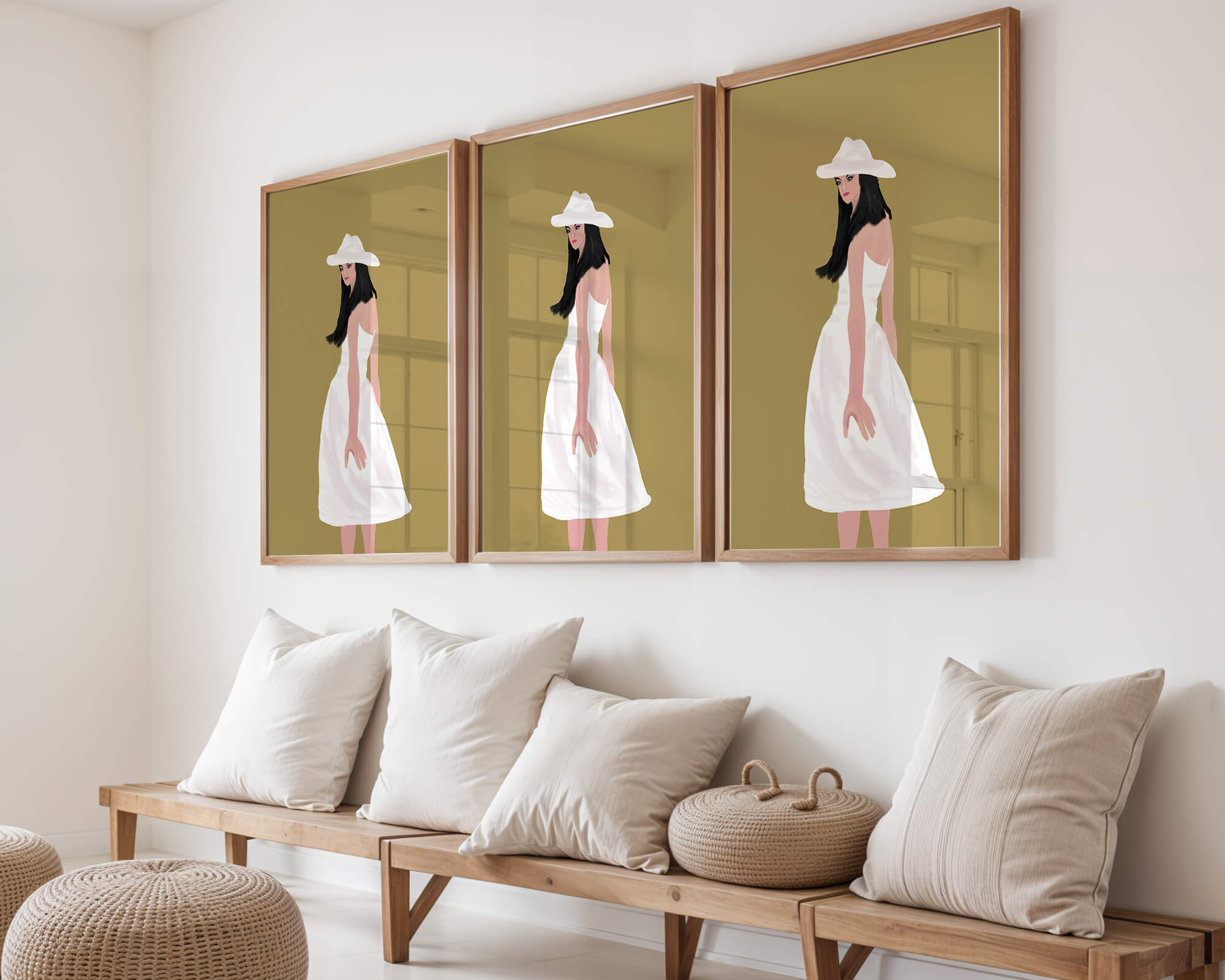 Woman in a white dress and hat on a gold background