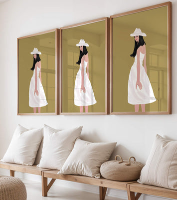 Woman in a white dress and hat on a gold background