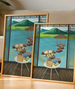 Scenic view from a room overlooking a tranquil water garden with stepping stones and mountains