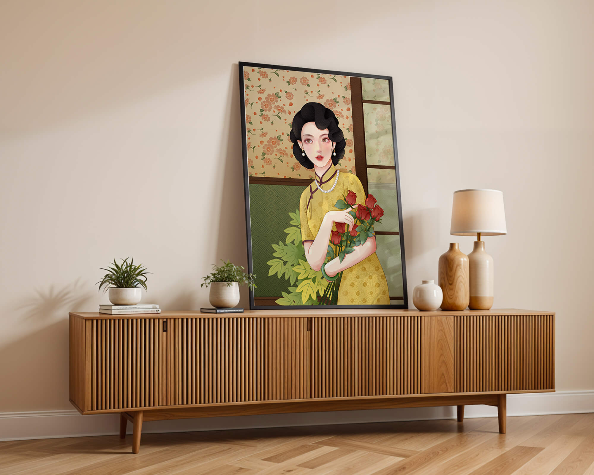 Elegant woman with floral backdrop holding a bouquet