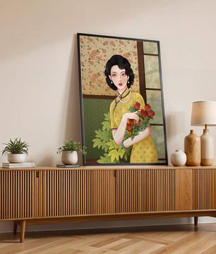 Mujer elegante con fondo floral sosteniendo un ramo