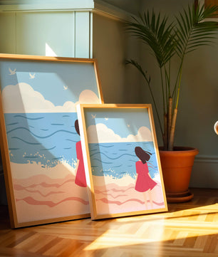 Serene seaside illustration with a girl in a pink dress gazing at the ocean