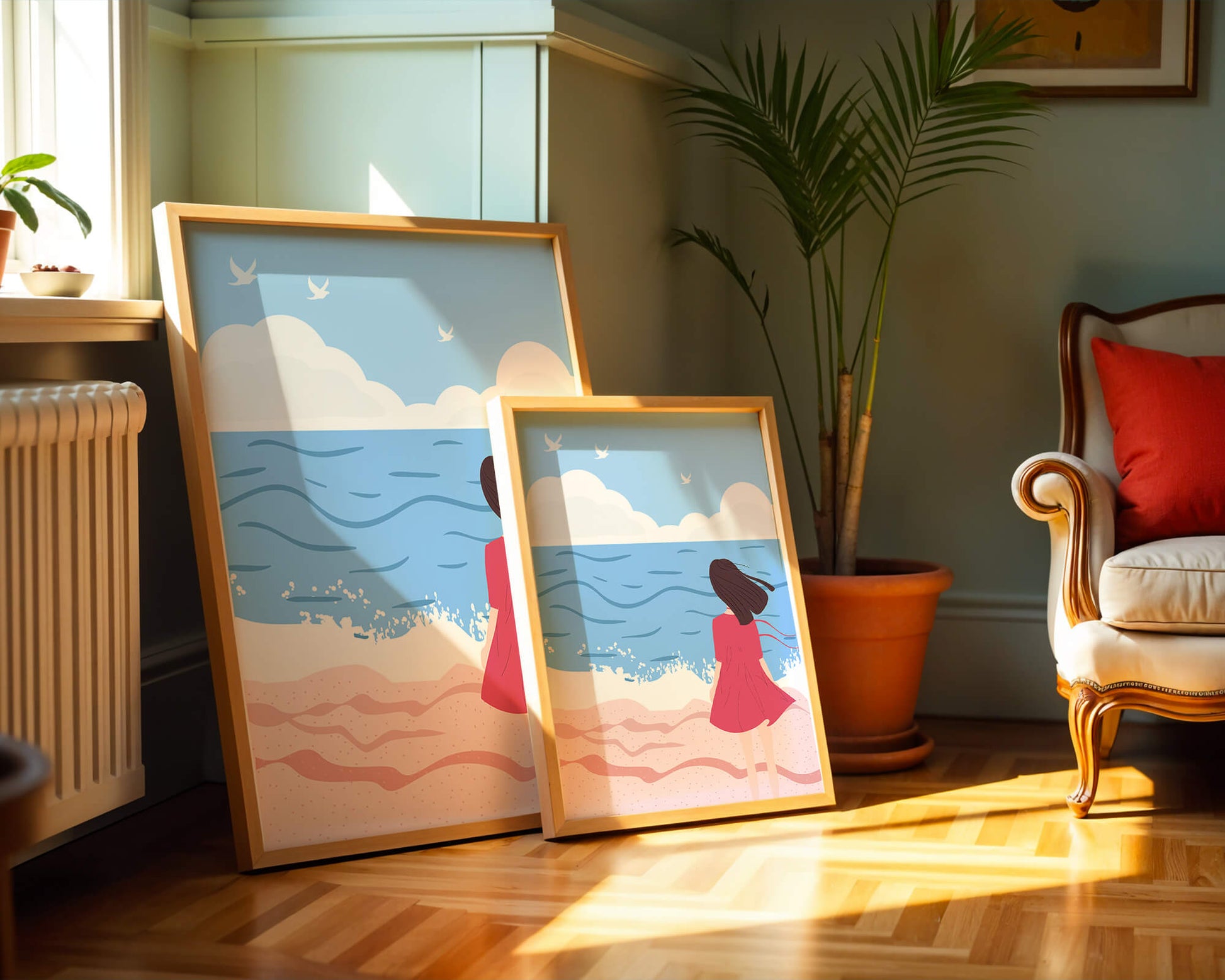 Serene seaside illustration with a girl in a pink dress gazing at the ocean