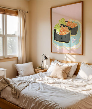 Illustration of sushi rolls with fish roe and avocado on a pastel background