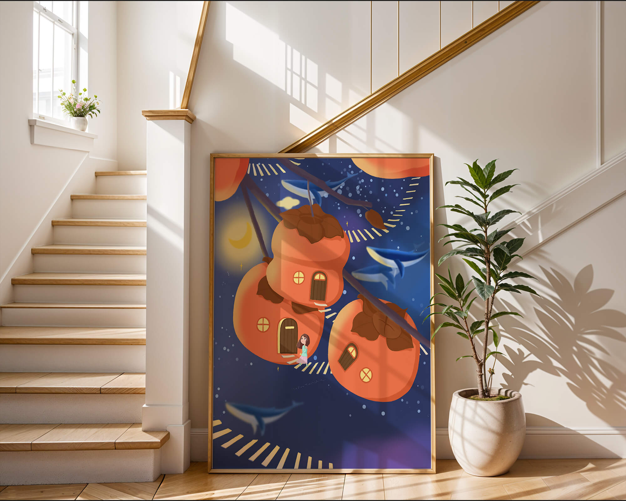 Whimsical night scene with floating persimmon houses and swimming whales