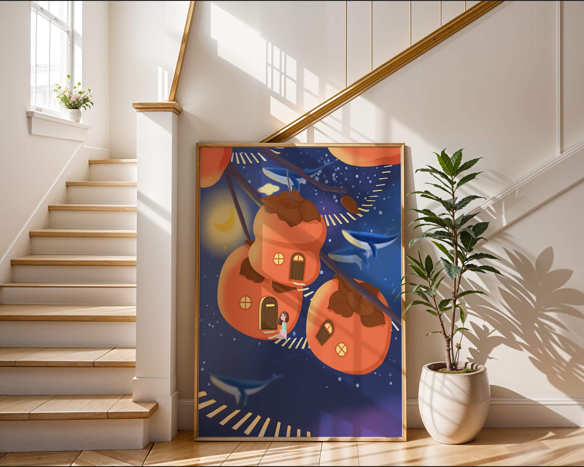 Whimsical night scene with floating persimmon houses and swimming whales