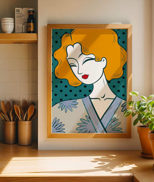 Retrato estilizado de una mujer con cabello naranja y kimono floral