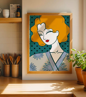 Stylized portrait of a woman with orange hair and floral kimono