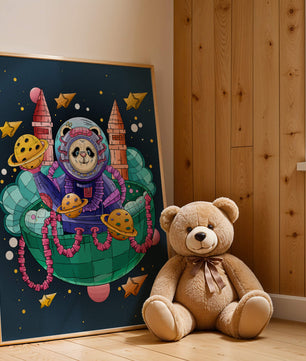 Whimsical space panda illustration with planets and stars