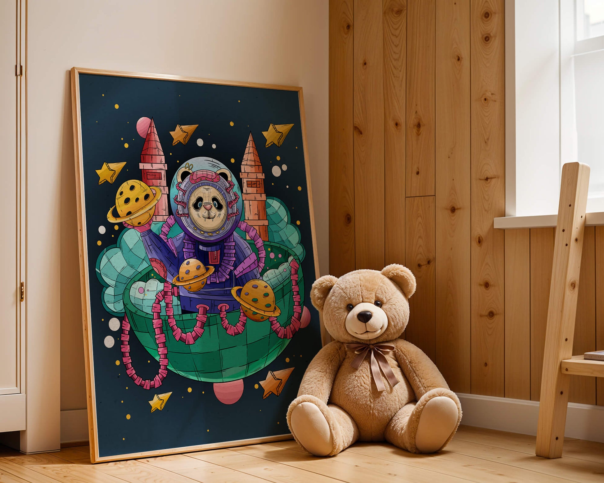 Whimsical space panda illustration with planets and stars