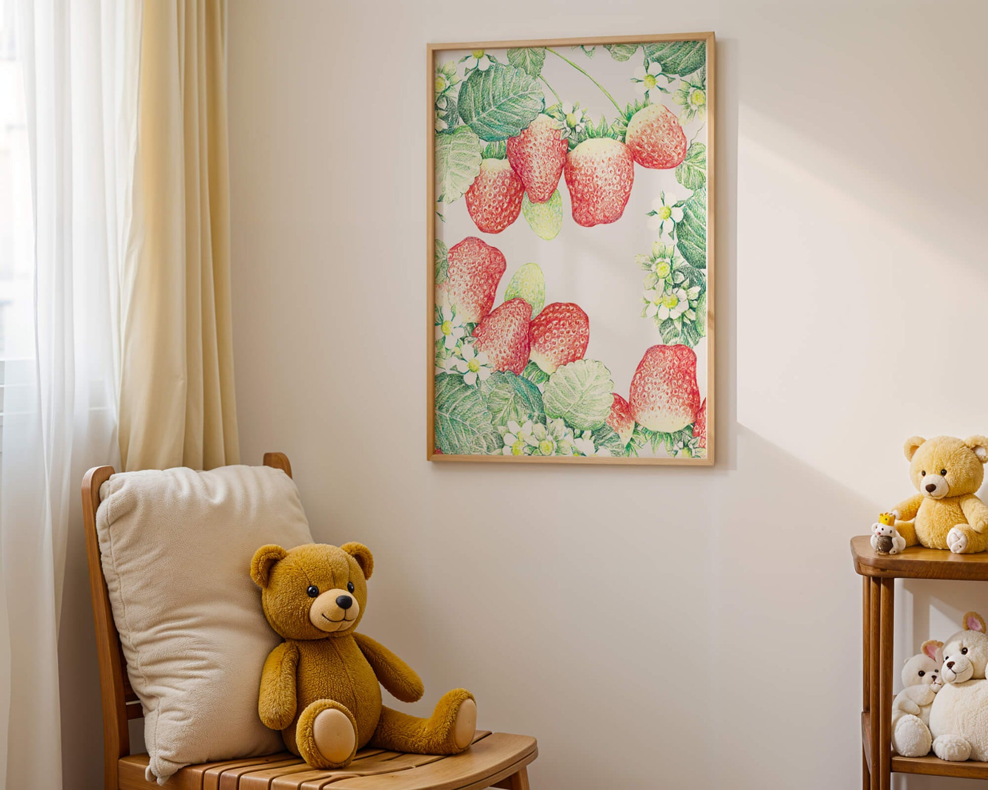 Illustration of strawberries and flowers with lush green leaves