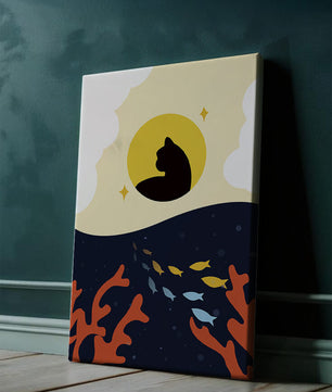 Ruhiges abstraktes Design mit Katzensilhouette und lebendiger Unterwasserszene