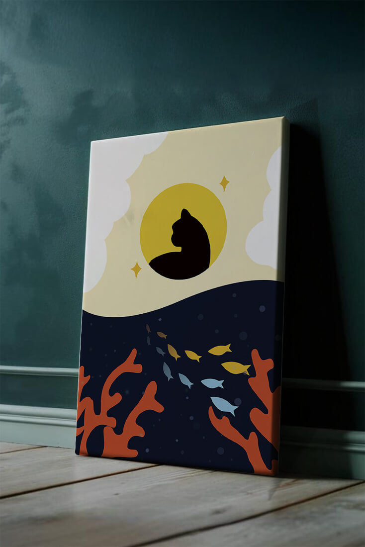 Ruhiges abstraktes Design mit Katzensilhouette und lebendiger Unterwasserszene