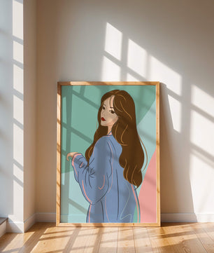 Stylish woman illustration with long hair in pastel shades