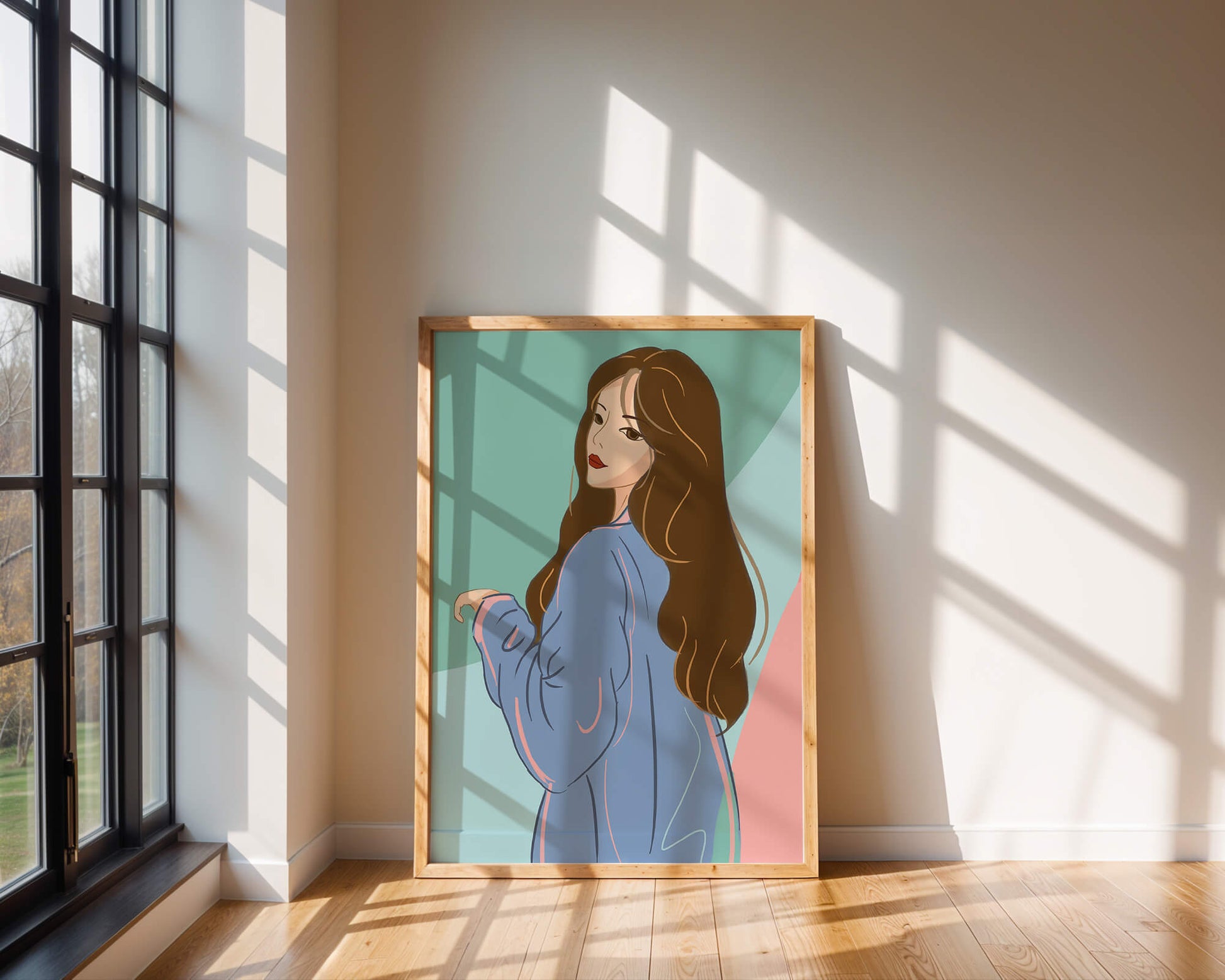 Stylish woman illustration with long hair in pastel shades
