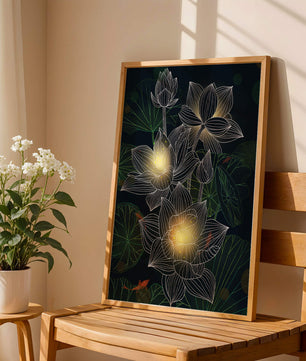 Lotus Flowers with Glowing Accents and Koi Fish Underwater