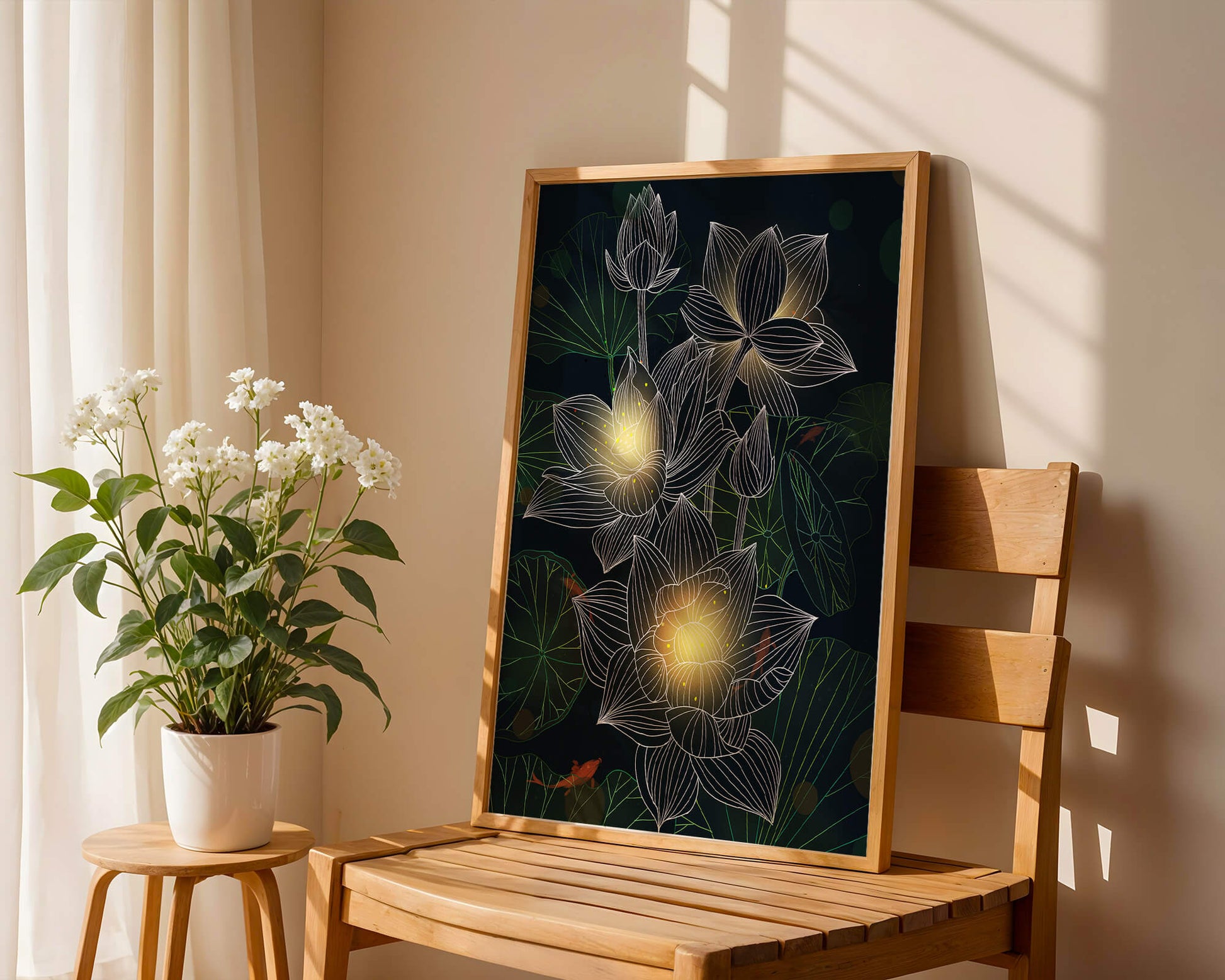 Flores de loto con detalles luminosos y peces koi bajo el agua