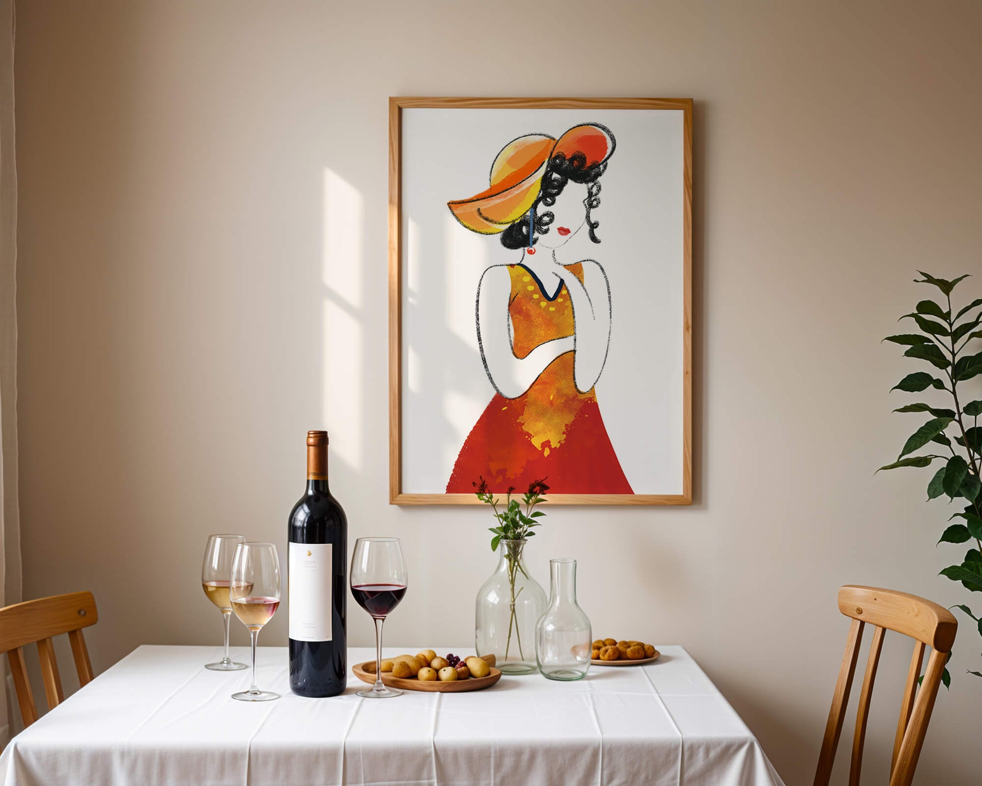 Elegant woman in a vibrant hat and dress illustration