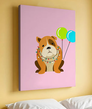 Perro de dibujos animados adorable con luces festivas y globos coloridos sobre fondo rosa