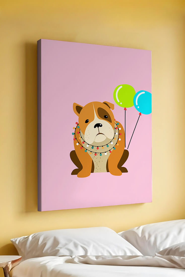 Perro de dibujos animados adorable con luces festivas y globos coloridos sobre fondo rosa