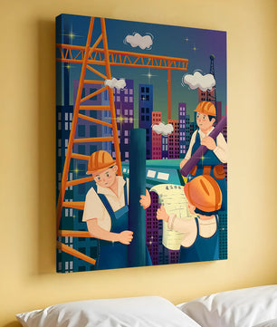 Illustrated construction workers on a high-rise building site