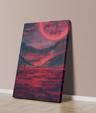 Surreal Scarlet Landscape with Bridge and Celestial Body