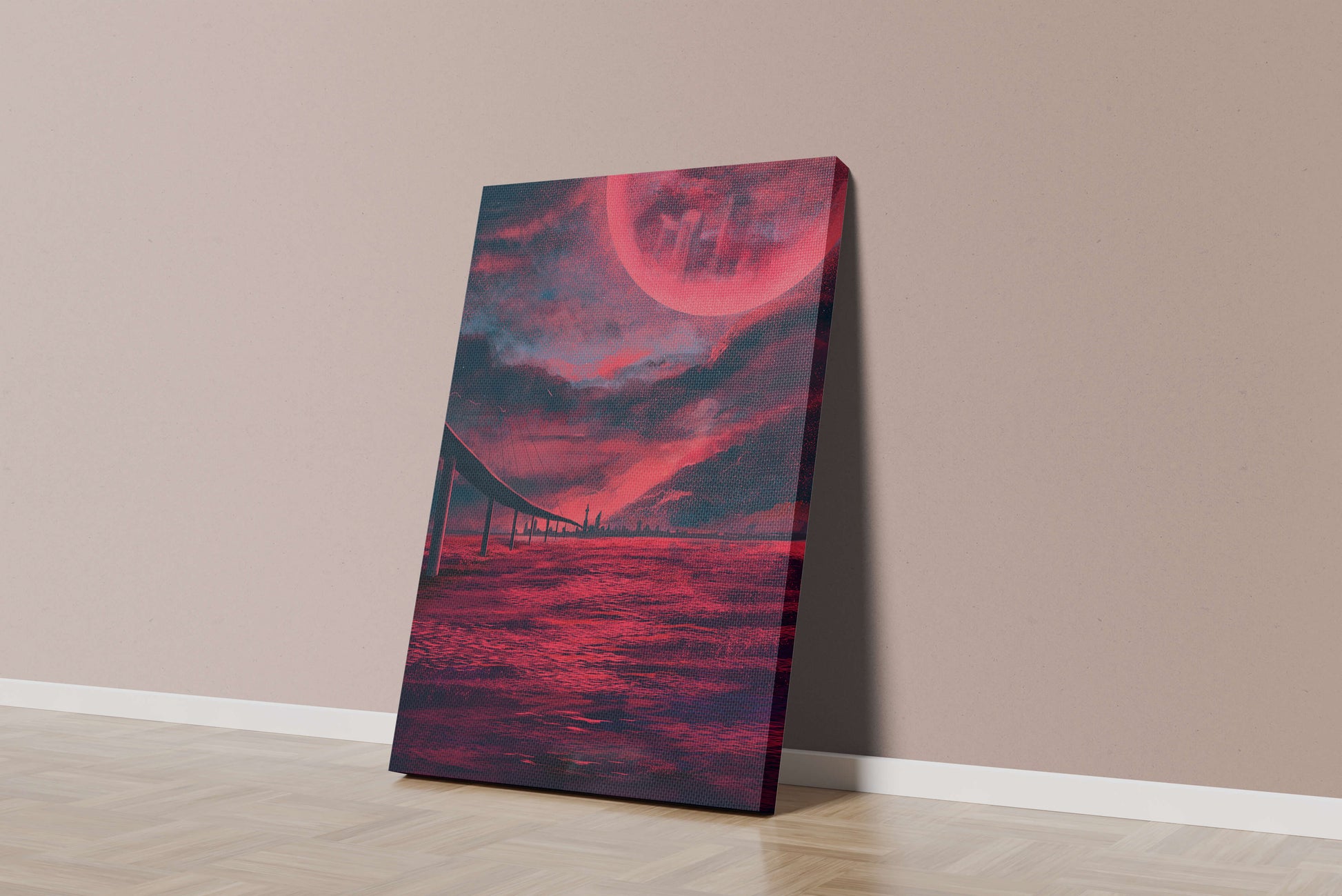 Surreal Scarlet Landscape with Bridge and Celestial Body