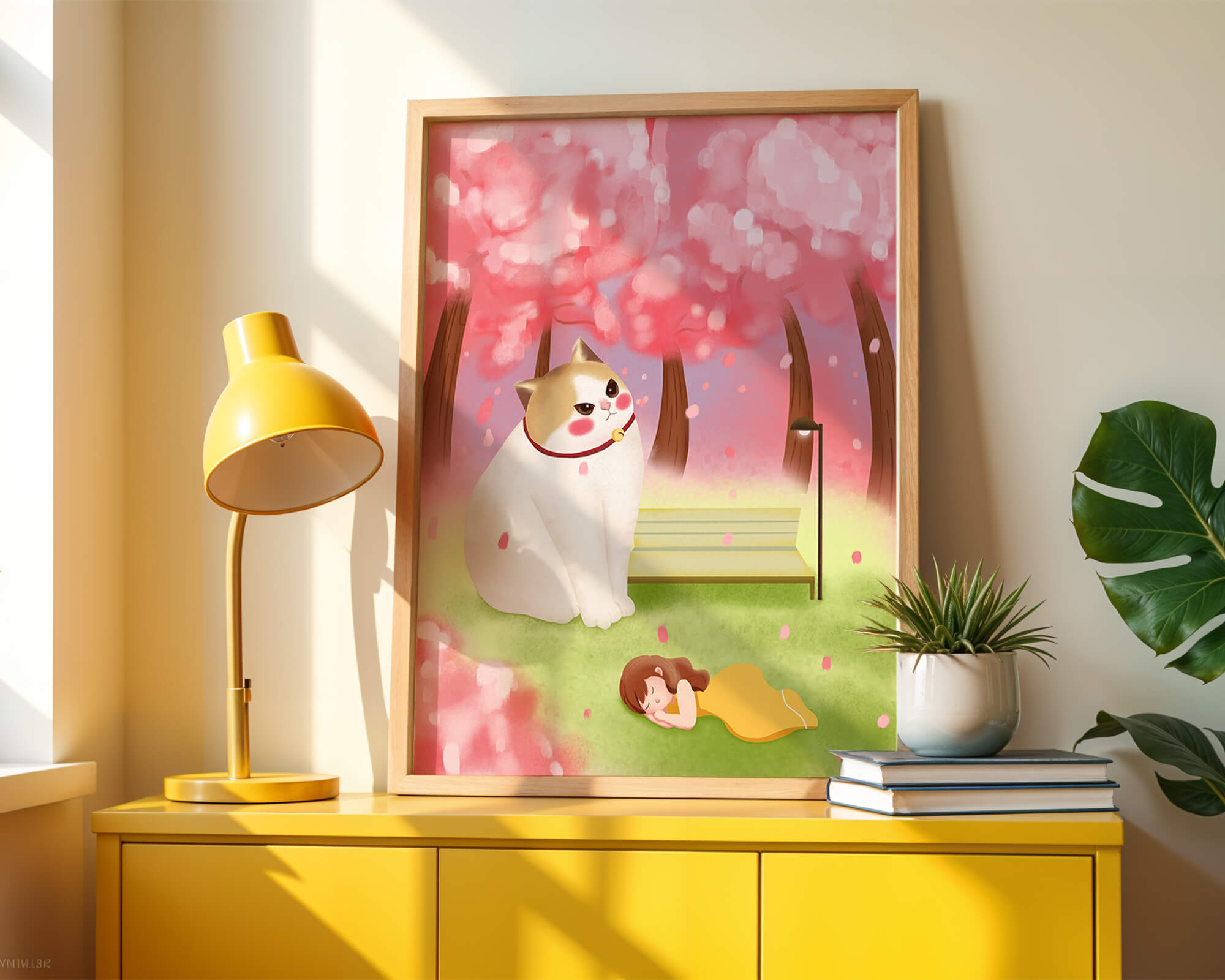 Whimsical scene with giant cat and girl under cherry blossoms