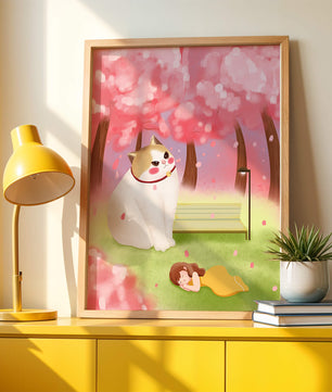 Whimsical scene with giant cat and girl under cherry blossoms