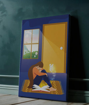 Woman sitting with an open magical book and a fairy in a room