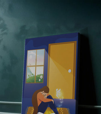 Woman sitting with an open magical book and a fairy in a room